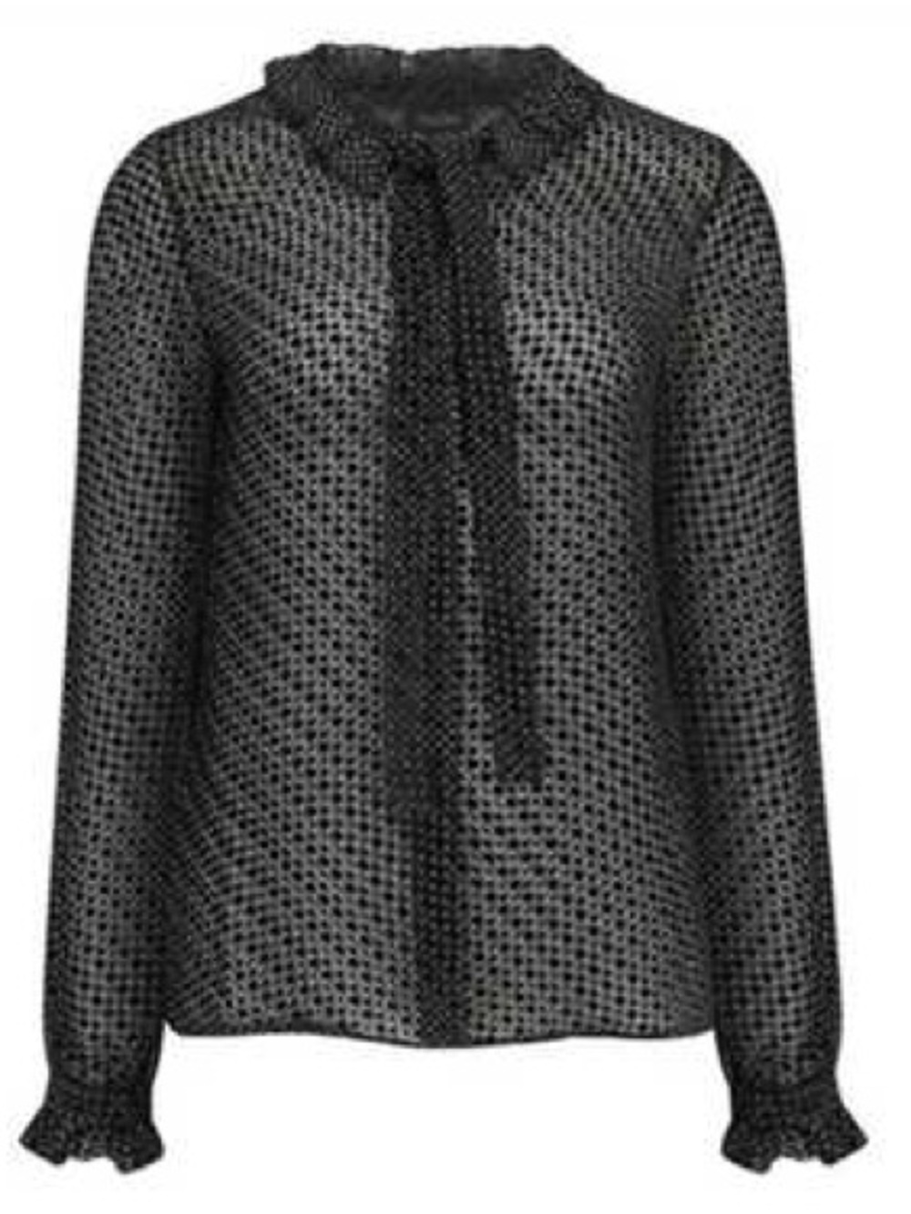 Saloni Burnout Velvet Dot Black Sheer Ruffle Tie Neck Polka Dot Blouse ❤️❤️